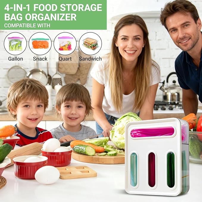 Food Storage Bag Organizer, 4 in 1 Plastic Ziplock Bag Organizer for Kitchen Drawer, Holds Gallon, Quart, Sandwich, Snack & Slider Bags, Wall Mount & Drawer Baggie Organization, BPA Free, Local Stock