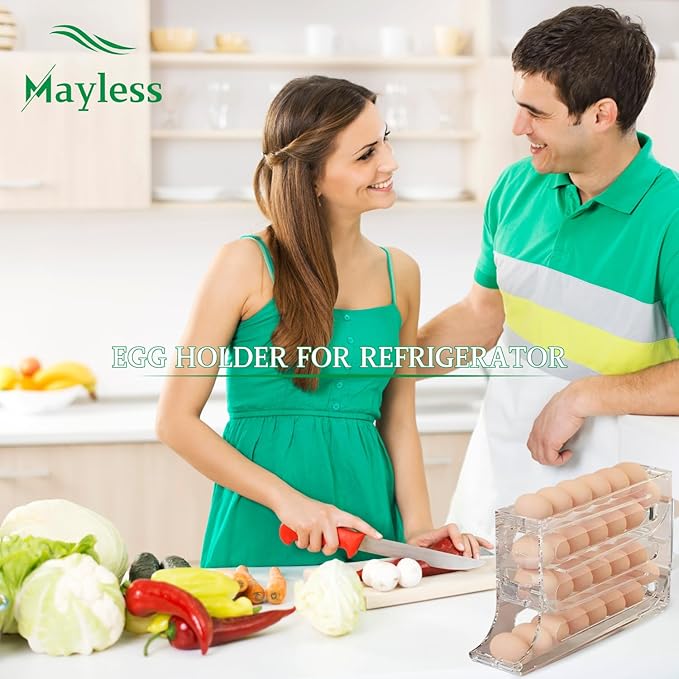 MAYLESS EGG HOLDER FOR FRIDGE, Auto Rolling Fridge Egg Organizer, Egg Rack For Refrigerator. (Clear)