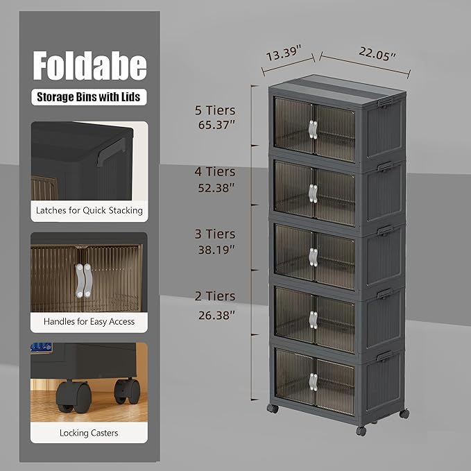 ONAIL Stackable Storage Bins, Collapsible Plastic Container Bins with Lid & Wheel, Closet Organizer Foldable Cabinet with Door, Folding Storage Boxes for Home, Pantry, Office (M, Gray 5-Tier)