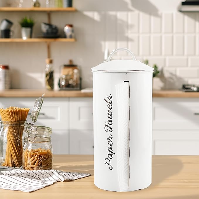 AuldHome Design Farmhouse Paper Towel Holder (White); Rustic Enamelware Countertop Paper Towel Dispenser for Kitchen