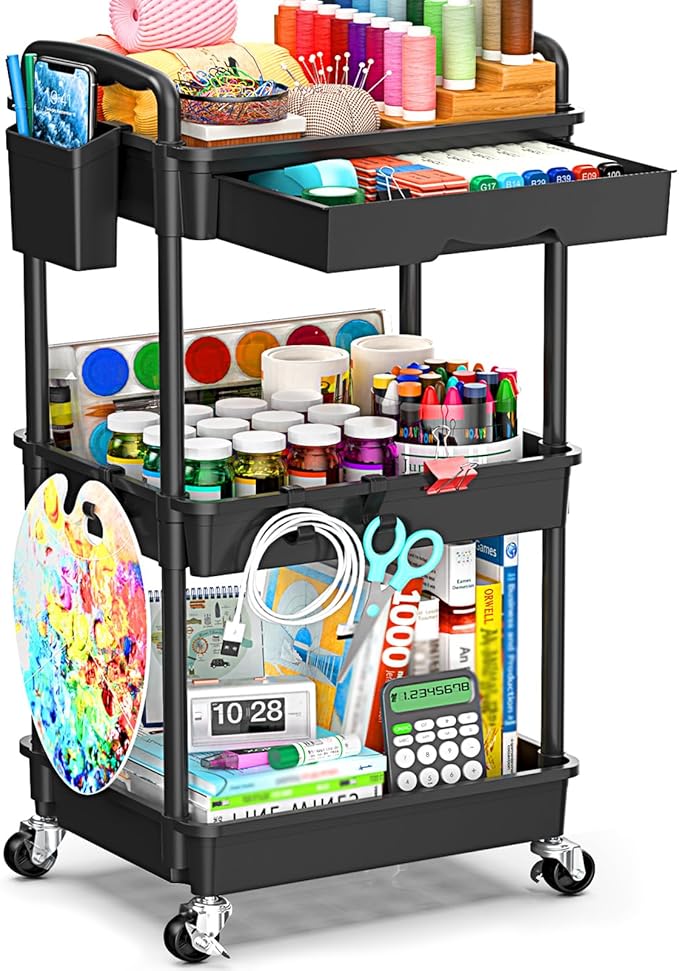 3 Tier Rolling Storage Carts with Removable Drawers, Lockable Wheels, Hooks & Cup Holders – Easy Assembly Storage Organizer for Kitchen, Bathroom, Office, Craft Room, Makeup, Black