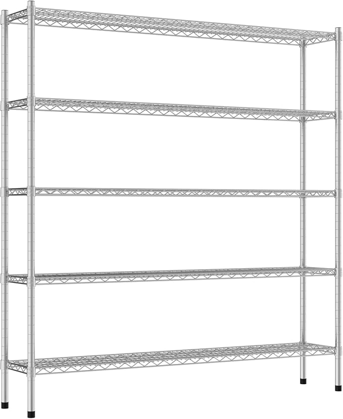 Commercial NSF Listed Chrome Stationary Wire Shelving Kit 12" x 60" x 64", with 5 Shelves Perfect for Warehouse, Walk-in Refrigerator, Freezer, Grocery Store, Restaurant, Dishroom