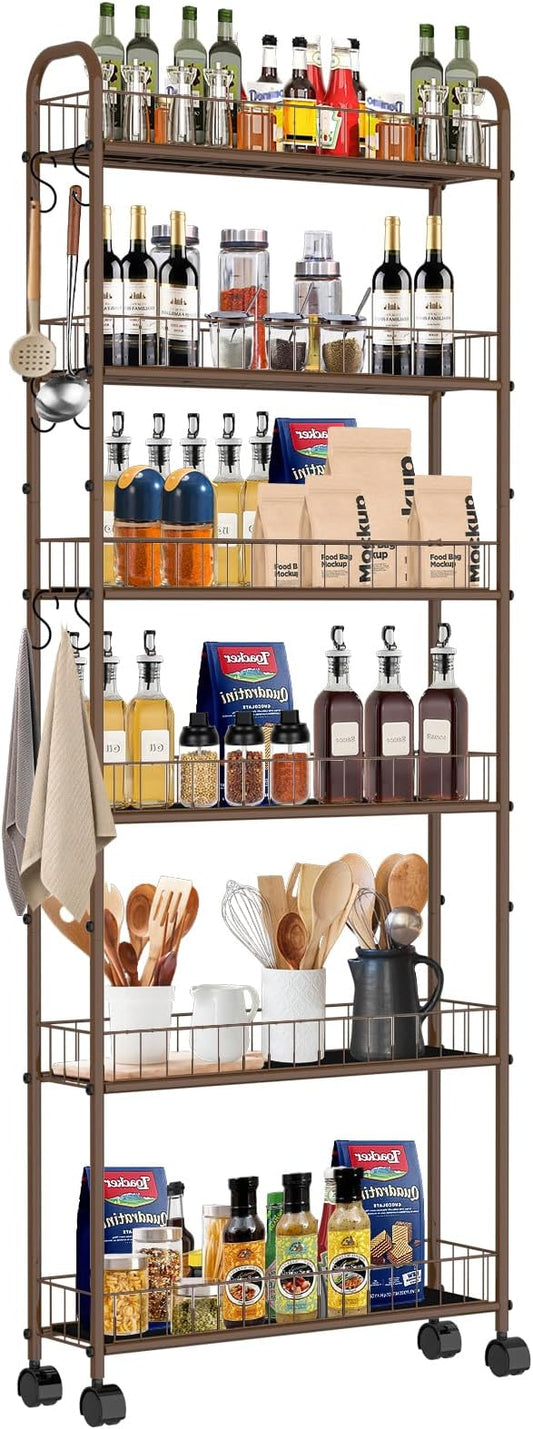 6in 6-Tier Slim Storage Cart with Wheels, Narrow Rolling Shelf,Sturdy Slim Storage Ideal for Kitchen, Bathroom, and Laundry Room (Champagne Gold)