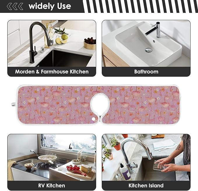 2 PCS Kitchen Sink Splash Guard 14.9 Inch Faucet Mat for Kitchen Sink Bathroom Sink Faucet Absorbing Drip Drain Mat Pad Microfiber Soft Washable Black and Pink Flamingo Petals