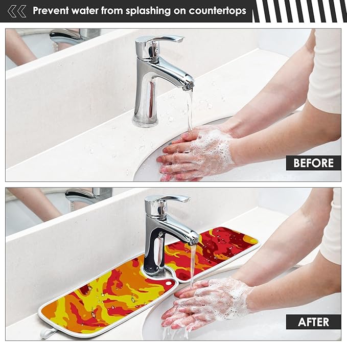 2 PCS Kitchen Sink Splash Guard 30 Inch Faucet Mat for Kitchen Sink Bathroom Sink Faucet Absorbing Drip Drain Mat Pad Microfiber Soft Washable Red and Yellow Flame