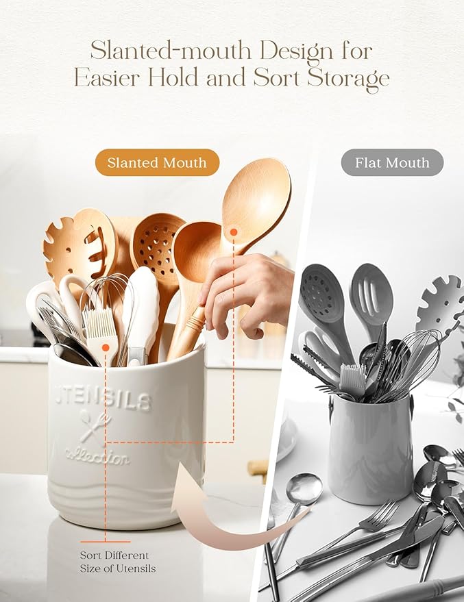 AISBUGUR Large Ceramic Utensil Holder: 7.5" H×6.3" W with Slanted Mouth - Utensil Crock with Non-Slip Cork Base for Kitchen Counter, Ideal for Decor & Gift, White