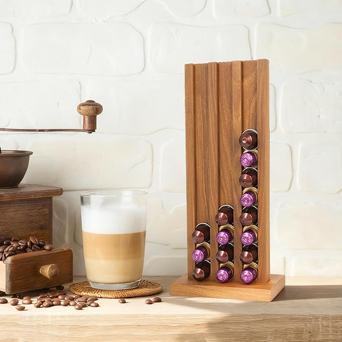 Teak Wood Coffee Pod Holder K Cup Organizer with Base, 33 Pod Capacity