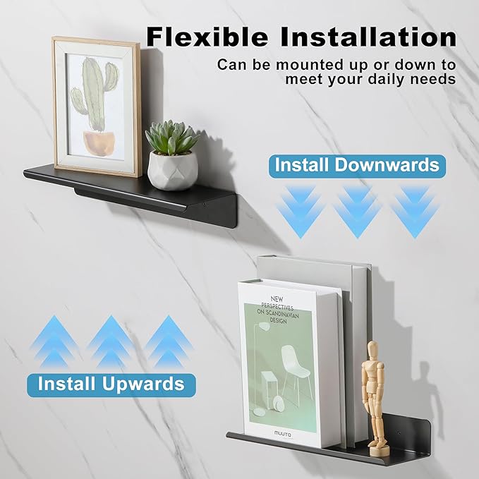 SAYAYO Black Floating Shelves for Wall Storage, 12 Inch Wall Shelves for Bedroom Decor, Display Bathroom Shelf Organizer for Kitchen, Living Room, Office, 2pcs