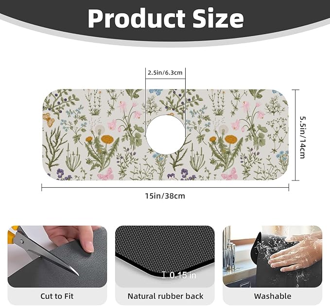 Vintage Color Plants Herbs Floral Butterfly Botanical Kitchen Sink Splash Guard Faucet Mat 1 Pcs, Absorbent Fast Drying Mat Gadgets Splash Guard For Bathroom 15 X 5.5 Inches