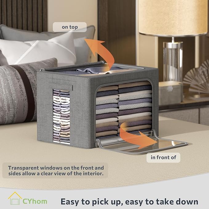 CYhom Clothes Storage Bins Box - Linen Fabric Foldable Stackable Container Organizer Set with Clear Window & Carry Handles & Metal Frame - 2Pack Large Capacity for Bedding, Blankets, Books