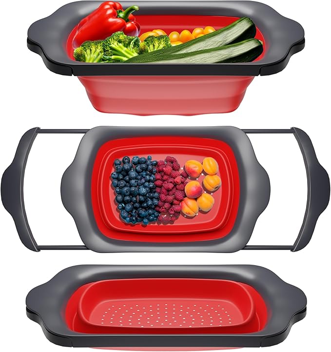 Comfify XL Large Kitchen Strainer - Collapsible Silicone Over-The-Sink Colander with Extendable Handles - Use with Pasta, Fruit, Berries & Veggie - 6 Quart - Red