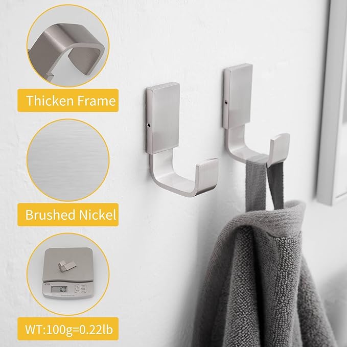 BESy Brass Clothes Hook Single Towel/Robe/Coat/Hat Hook for Bathroom Kitchen Garage, Square Style, Self Adhesive or Wall Mounted, Two Packs, Brushed Nickel