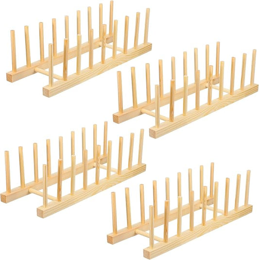 4PCS Wooden Dish Rack, Kitchen Cabinet Plate Lid Organizer Vertical Wooden Dish Drying Rack for Dish Pots Lids Cutting Boards Bowls Cups Canvas Prints Artwork Books(8 Slots)