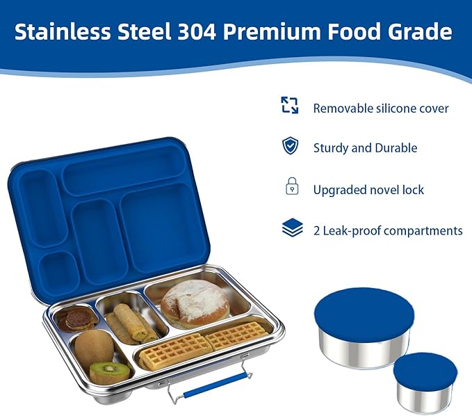 Stainless Steel Bento Box for Adults, 5-Compartments Leak-Resistant Stainless Steel Lunch Container with 2 Container, Dishwasher-Safe,Design for Office Picnics and Travel,BPA-Free Blue