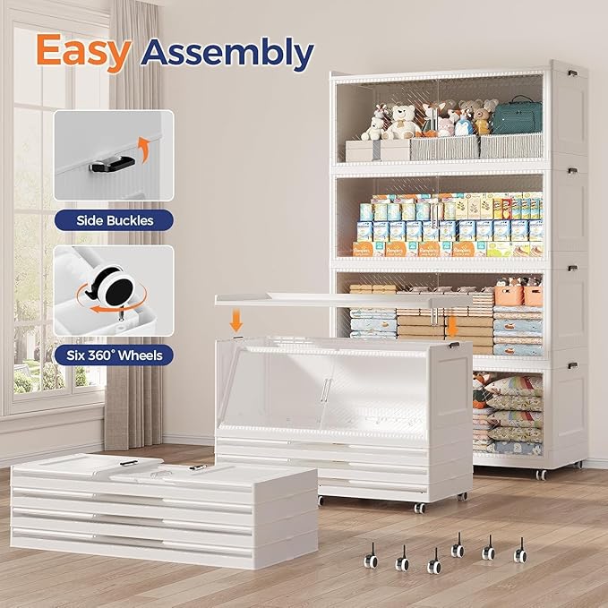 QAVABIN 150GAL Extra Large Storage Bins with Lid, 600QT Collapsible Organizer with Wheels, Stackable Closet Cabinet with Doors, Folding Storage Containers for Home, Office, Kitchen, 3Pack White