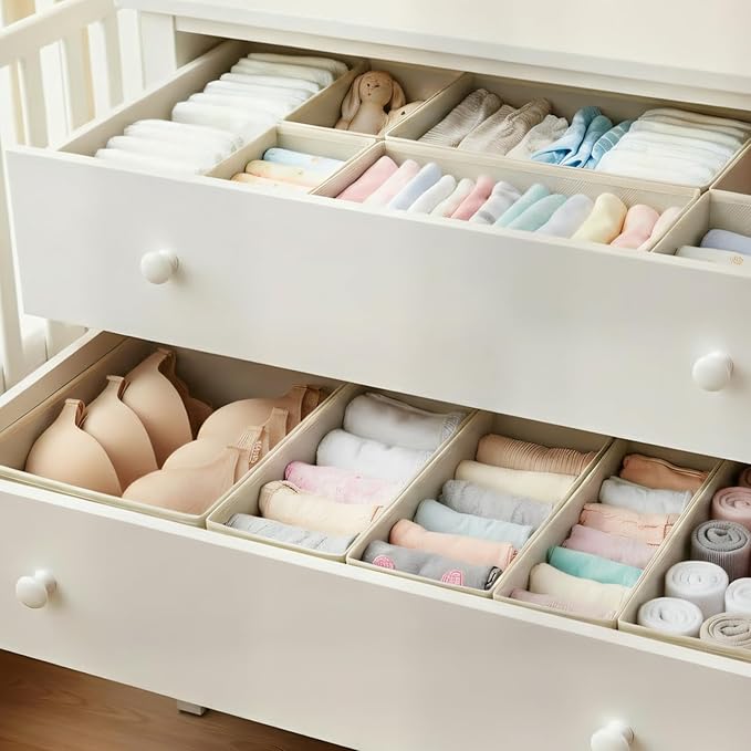 4-Pack Drawer Organizer Set - Foldable Fabric Storage Bins with Zipper Bottom for Underwear, Socks, Bras & Baby Clothes - 11"x11"x4.8" Large & 11"x5.5"x4.8" Small Bins, Grey