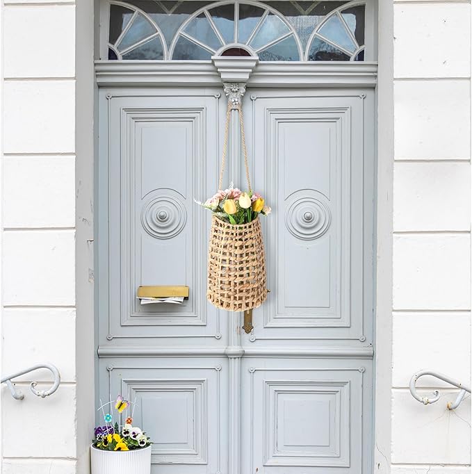 Woven Wall Hanging Basket, Boho Front Door Pocket Basket Open Weave Water Hyacinth Wall Farmhouse Decor Storage Organizer for Home Garden Pantry Kitchen
