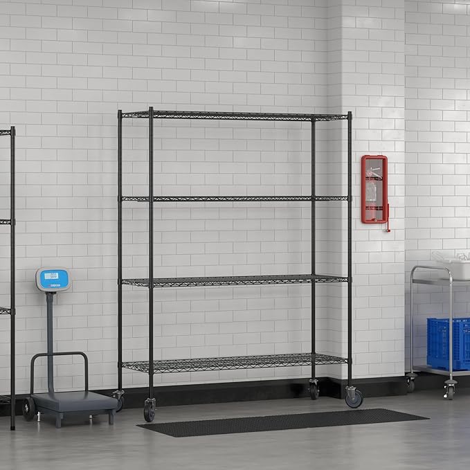 Commercial NSF Listed Black Epoxy Mobile Wire Shelving Kit 21" x 60" x 80", with 4 Shelves Perfect for Warehouse, Walk-in Refrigerator, Freezer, Grocery Store, Restaurant, Dishroom