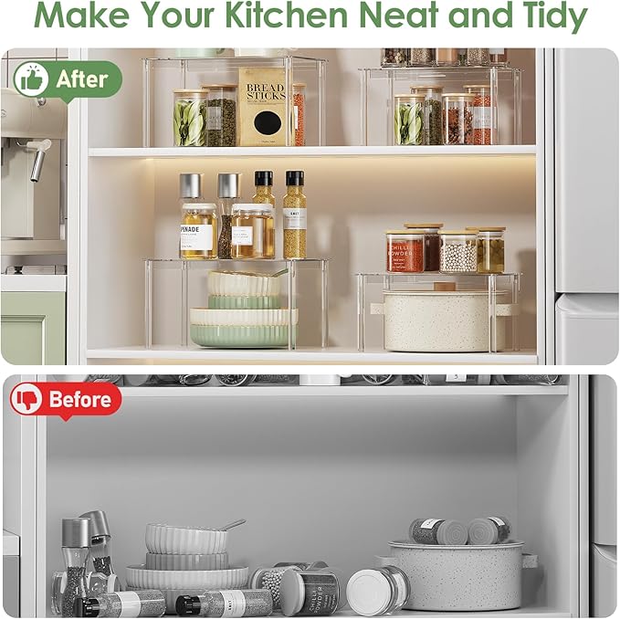 Delamu Clear Kitchen Cabinet Organizer, Set of 4 Acrylic Shelves Organizer for Kitchen Pantry Organizers and Storage, Stackable Cabinet Organizer Shelf for Plate & Dish, 11.7" D x 7.7" W x 6.3" H