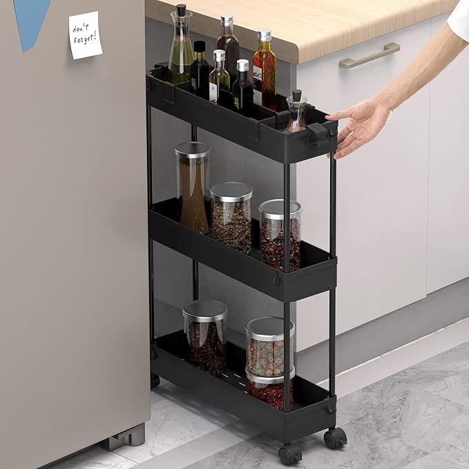 SPACELEAD Slim Storage Cart 3 Tier,Bathroom Organizer Rolling Utility,Mobile Shelving Unit Slide Out for Office, Kitchen, Laundry Room & Narrow Places,Black