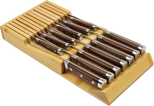 Bamboo Kitchen Drawer Knife Block, In drawer Knife Holder, Knife Drawer Organizer fit for 13 knives