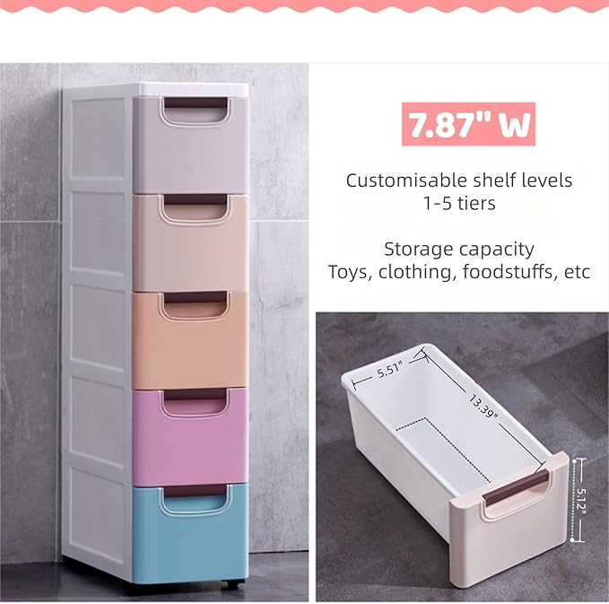 5 Drawers Stackable Storage Drawers Plastic Storage Drawers Collapsible Storage Bins Plastic Clothes Organizer Drawers Storage for Living Room,Bedroom,Office (Light Colors, 7.87" W)