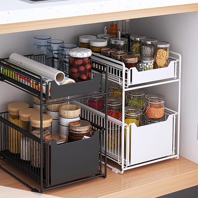 Pull Out Cabinet Organizer, 2-Tier Storage Wire Baskets With Sliding Storage Drawer, Carbon Steel Sliding Drawer Shelf Baskets for Kitchen Pantry Bathroom14.7''D×11.1''W×17.32''H