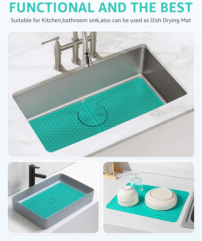 Bligli Mesh Sink Mat, 15.7 x 11.8inch Sink Prtector Mats for Kitchen Sinks, PVC Eco-Friendly Sink Protectors for Bottom of Sink, Fast Draining, Easy Cleaning, Clear Green