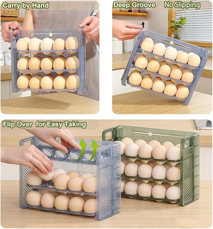 Egg Holder For Fridge 30 Grid Egg Fridge Organizer Food-Grade Plastic Container For Refrigerator Flippable Organizer For Refrigerator Holder For Kitchen Storage And Organization