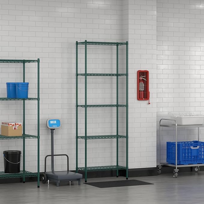 Commercial NSF Listed Green Epoxy Stationary Wire Shelving Kit 14" x 30" x 86", with 5 Shelves Perfect for Warehouse, Walk-in Refrigerator, Freezer, Grocery Store, Restaurant, Dishroom
