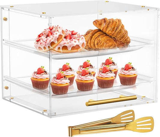 Acrylic Pastry Display Case Countertop 2 Tier Bakery Display Case with Magnetic Door for Cookie Display, Dessert Display, Cake Display, Clear Bread Box for Home and Commercial Kitchen