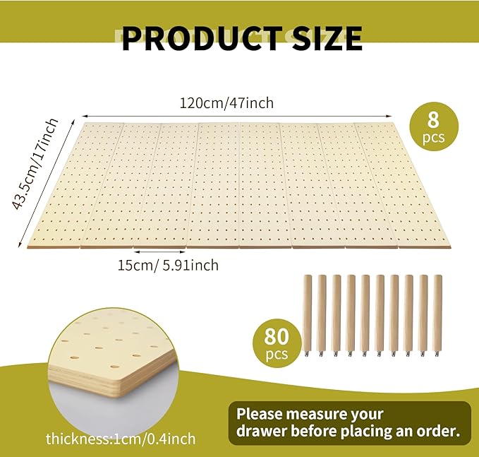 8 Pcs Wood Pegboard Drawer Organizer with 80 Pcs Pegs Wooden Peg Shelf Organizer Adjustable Drawer Peg System for Dishes Plate Pot Cookware Utensil Kitchen (17 x 5.91 in)