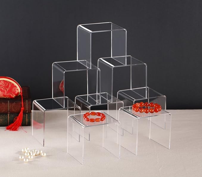 Jusalpha® 8 PC 4'' Clear Acrylic Risers, Acrylic Display Risers Shelf Showcase Fixtures for Jewelry, Display Stand for Amiibo Funko POP Figures, Cupcakes, Food Display, Cabinet- Lot of 8 (4x4x4 Inches)