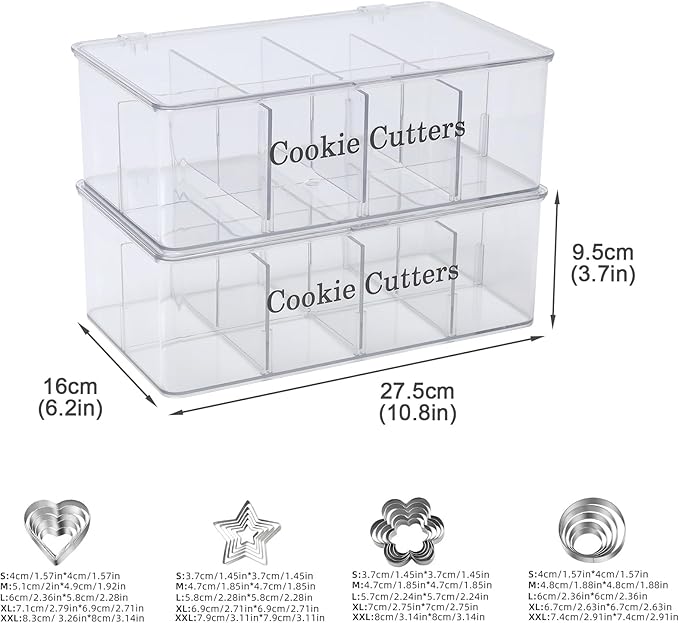 2 Pack Cookie Cutter Tool Storage Box,Cake Decorating Supplies Storage Accessories Bins,Baking Storages Containers with Dustproof Lid,Biscuits Cutter Organizer Storages with 8 Adjustable Compartment