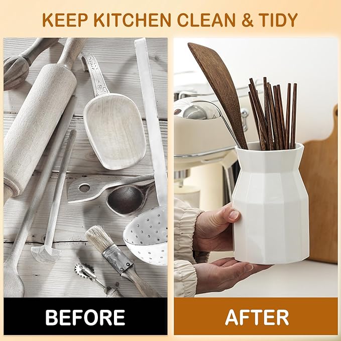 Ceramic Kitchen Utensil Holder for Countertop, Easy-to-Clean Crock for Spoons, Spatulas & Cooking Tools, Farmhouse Kitchen Decor
