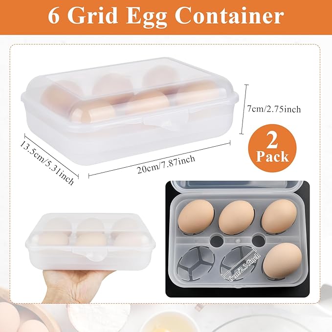 Elesunory 2 Pack Egg Container, Shockproof Camping Egg Holder, Clear Egg Container For Refrigerator, Leakproof Egg Holder for Camping Picnic Travel Outdoor, Portable Egg Carriage for Tray(6 Gird)