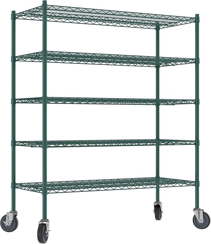 Commercial NSF Listed Green Epoxy Mobile Wire Shelving Kit 21" x 48" x 60", with 5 Shelves Perfect for Warehouse, Walk-in Refrigerator, Freezer, Grocery Store, Restaurant, Dishroom