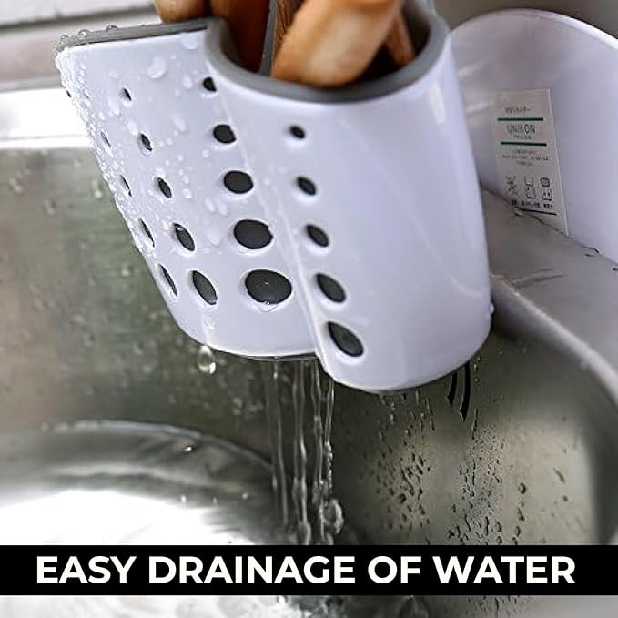 Kitchen Sink Caddy - Silicone Plastic Soap Sponge Holder - BPA-free Rack - Faucet Caddy with Drain Holes for Drying - Adjustable Hanging Strap (White Double)