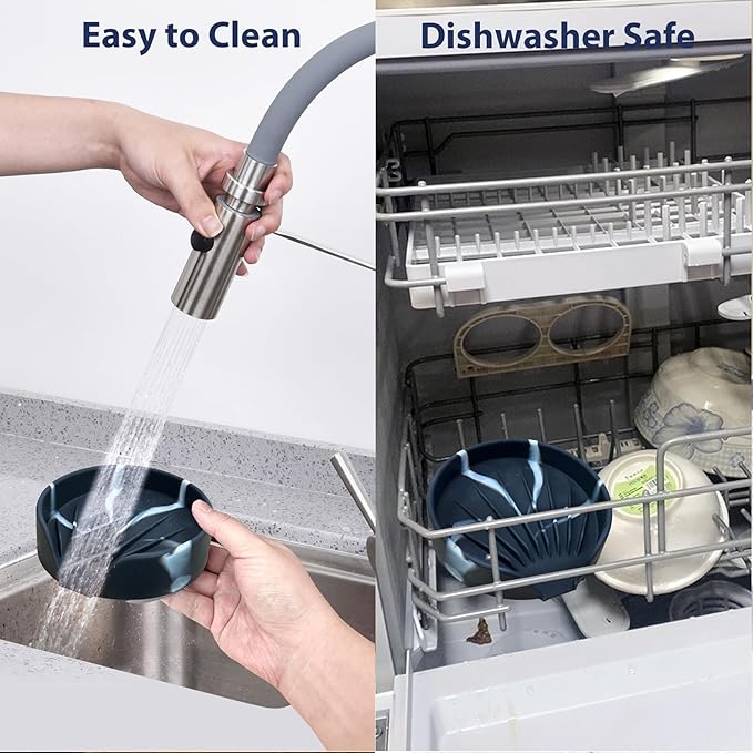 Self Draining Soap Dish, Silicone Soap Holder with Suction Cup and Drain Spout, Kitchen Bathroom Sink Organizer, Dish Soap Bar Tray Savers Sponge Holder, Perfect for Dispenser, Scrubber, Bottle, Cup