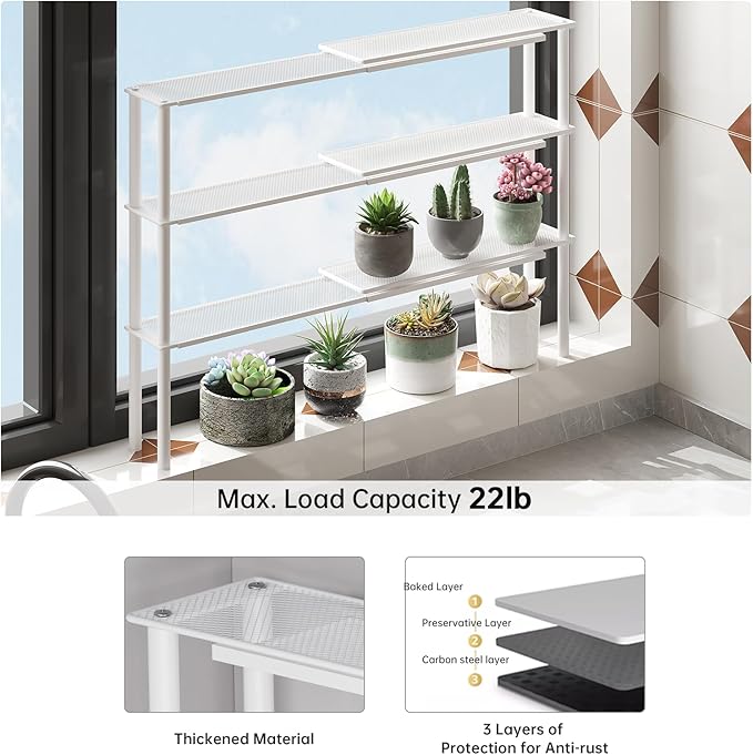 Expandable Window Shelf for Plants Kitchen Sink Organizer Stackable Narrow Shelves Kitchen Countertop Holder Mesh Design (2, White)