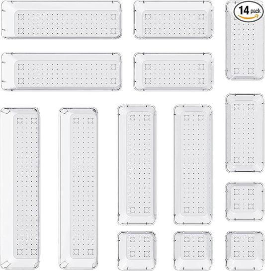 DCA 14 PCS Clear Drawer Organizer, Acrylic Makeup Organizers, Vanity Drawer Organizer Trays, Bathroom Organizers and Storage Bins Ideal Gift for Her