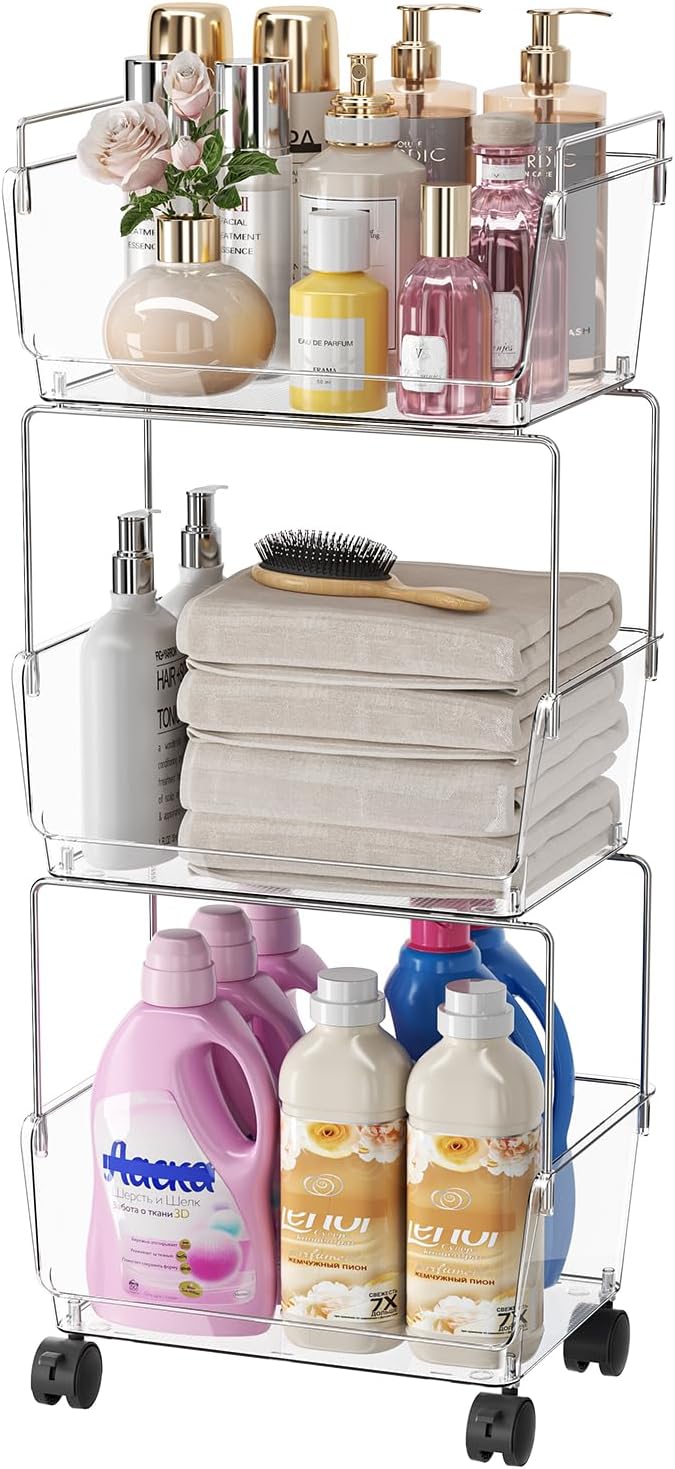 YCIA&DONE 3 Tier Rolling Storage Cart with Locking Wheels, Slim Narrow Organizer for Bathroom, Bedroom & Laundry, Clear Deep Bins, Sturdy Metal Frame, Easy Assembly Utility Trolley