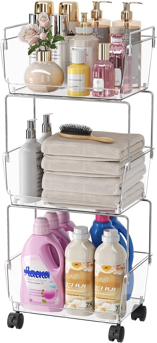 YCIA&DONE 3 Tier Rolling Storage Cart with Locking Wheels, Slim Narrow Organizer for Bathroom, Bedroom & Laundry, Clear Deep Bins, Sturdy Metal Frame, Easy Assembly Utility Trolley