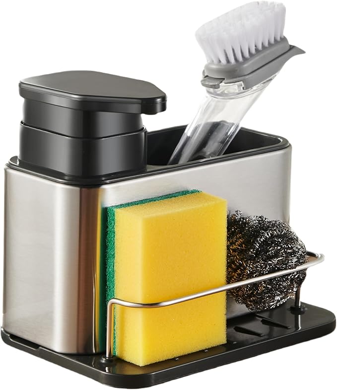 Soap Dispenser for Kitchen & Bathroom Sink,3-in-1 Sponge Holder for Kitchen, Organizer Dish Soap Dispenser,Sink Caddy,Stainless Steel Dish Brush Scrubber with Sponge Holder