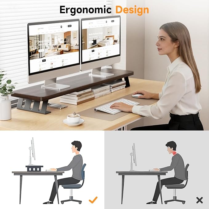 Dual Monitor Stand Riser, 39 Inch Large Wood Monitor Stands for 2 Monitors, Desk Monitor Riser for Computer/Laptop/Printer/TV, Stand Riser up to 220 lbs