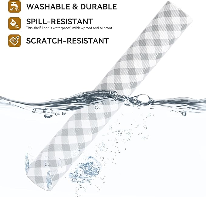 RAY STAR Shelf Liners for Kitchen Cabinets Non-Adhesive, 18 Inch X 8 Feet Cabinet Liners for Shelves Waterproof Easy Trim Wipe Clean Non Slip Grip Bottom Drawer Pantry Liner Gingham Checkered Grey