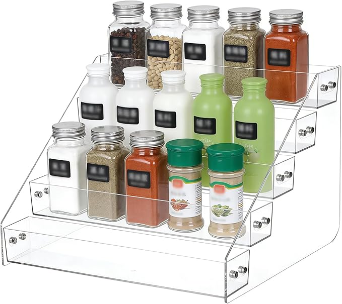 1 Pcs Acrylic Display Shelf, 5 Tier Clear Spice Rack Organizer, Display Stand Risers Shelf, Tiered Spice Rack for Countertop, Cabinet, Pantry, Kitchen Storage