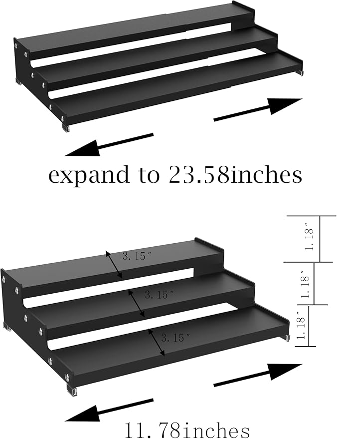 Expandable Carbon Steel Spice Rack Organizer for Pantry, Adjustable 3-Tier Ladder Shelf,Holds Up to 24 Cans,Kitchen Countertop Organizer, Rustproof Storage Rack for Spices, Cans, Sauces & Dry Goods