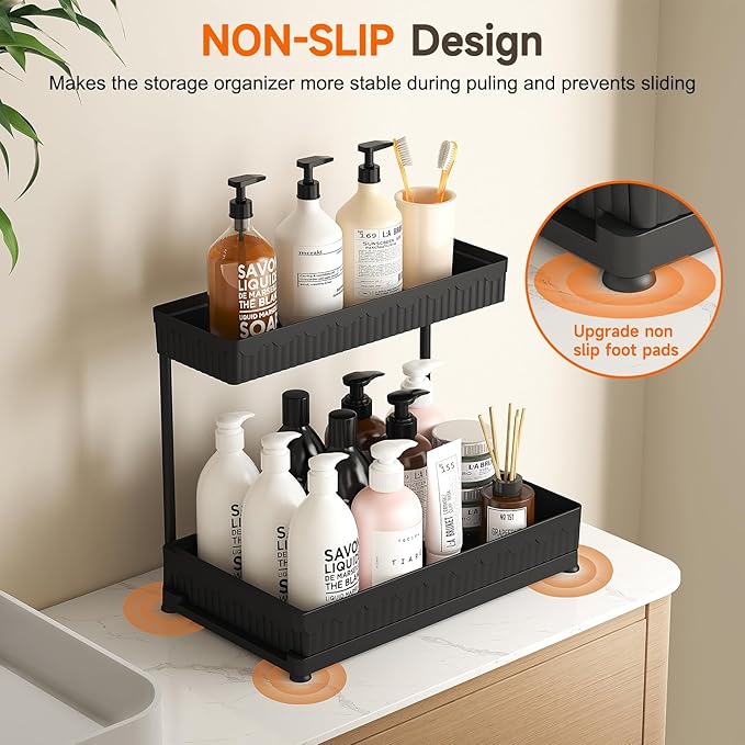 3 Pack Multi-Purpose Under Sink Organizers and Storage, 2025 L-Shaped Pull Out Cabinet Organizer for Bathroom & Kitchen, Under Cabinet Organizer with Hooks Hanging cup, Black, 14.85 inch