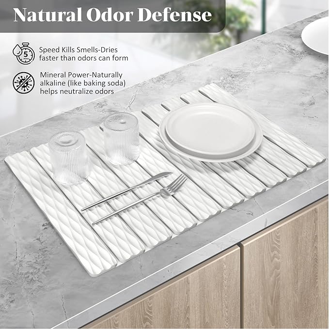 Stone Dish Drying Mats for Kitchen Counter, 24"(L)×16"(W), Fast Drying Collapsible Dish Drying Mat, Eco-Friendly Absorbent Diatomaceous Earth Mats for Match Any Countertop, Wave - Pattern